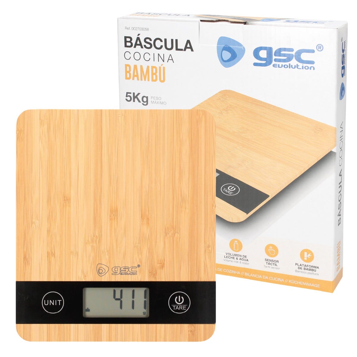 GSC EVOLUTION – Báscula de Cocina de Bambú para Alimentos, Balanza de Alta  Precisión, 5kg, Táctil, Pantalla LCD, Función de Tara, 180x188x21mm