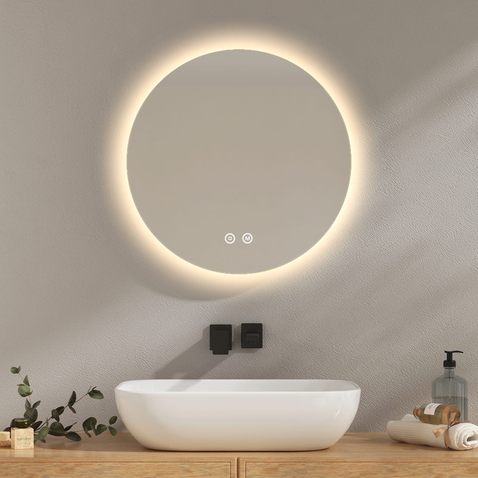 BD Art Luna Miroir de salle de bain rond à LED 60 cm Avec éclairage Couleur  de la lumière blanc froid 6000 K, IP44