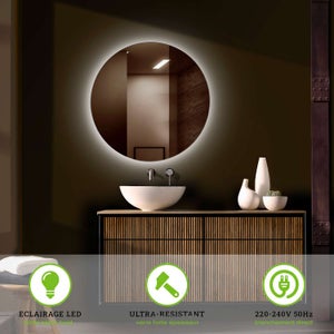 Miroir de salle de bains lumineux LED rond Ø80 cm, argenté, MPGlass Onde
