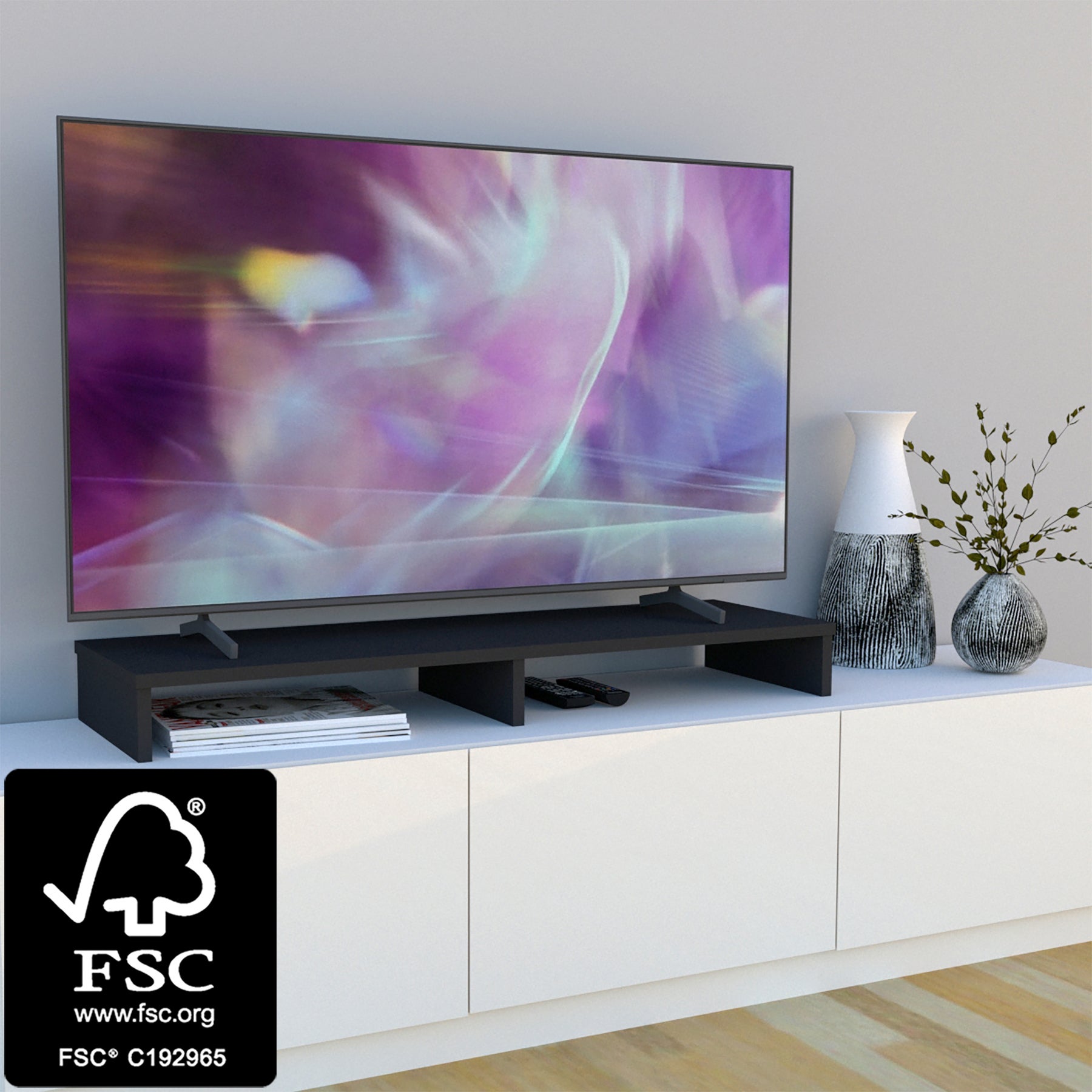 Soporte Monitor, Elevador TV de Madera FSC®. HENOR. 62x26.5x12 cm. Soporta  50 Kg. Blanco