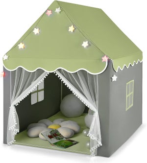 WILLY - Tente de jeu Tipi enfant - H 160 cm - Guirlande + tapis + 4  coussins + corbeille + attrape-rêves INCLUS - Beige