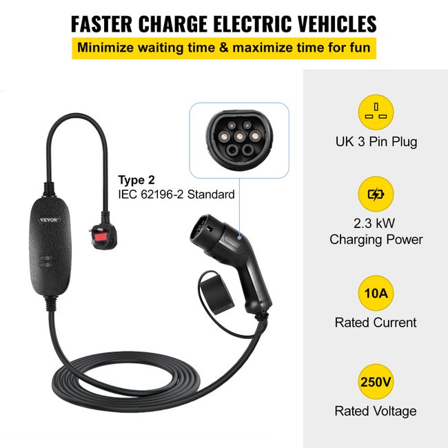 VEVOR Chargeur EV Portable 2,3kW 10A avec Indicateurs LED Prise Britannique  à 3 Broches Chargeur Voiture Électrique Câble de Charge de Type 2 de 6 m