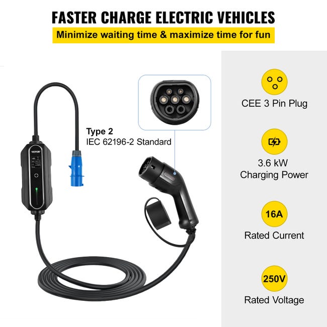 VEVOR Chargeur EV Portable 3,6KW Chargeur Voiture électrique 250V Câble de  recharge Type 2 Commutable Boîtier de Contrôle étanche Câble de Charge