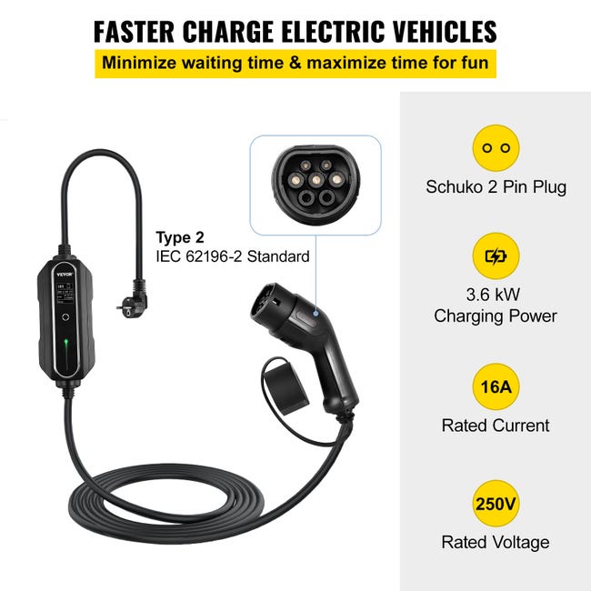 VEVOR Chargeur EV Portable 3,6KW 16A Chargeur voiture électrique 250V Câble  de recharge type 2 Commutable Boîtier de Contrôle étanche Câble de Charge