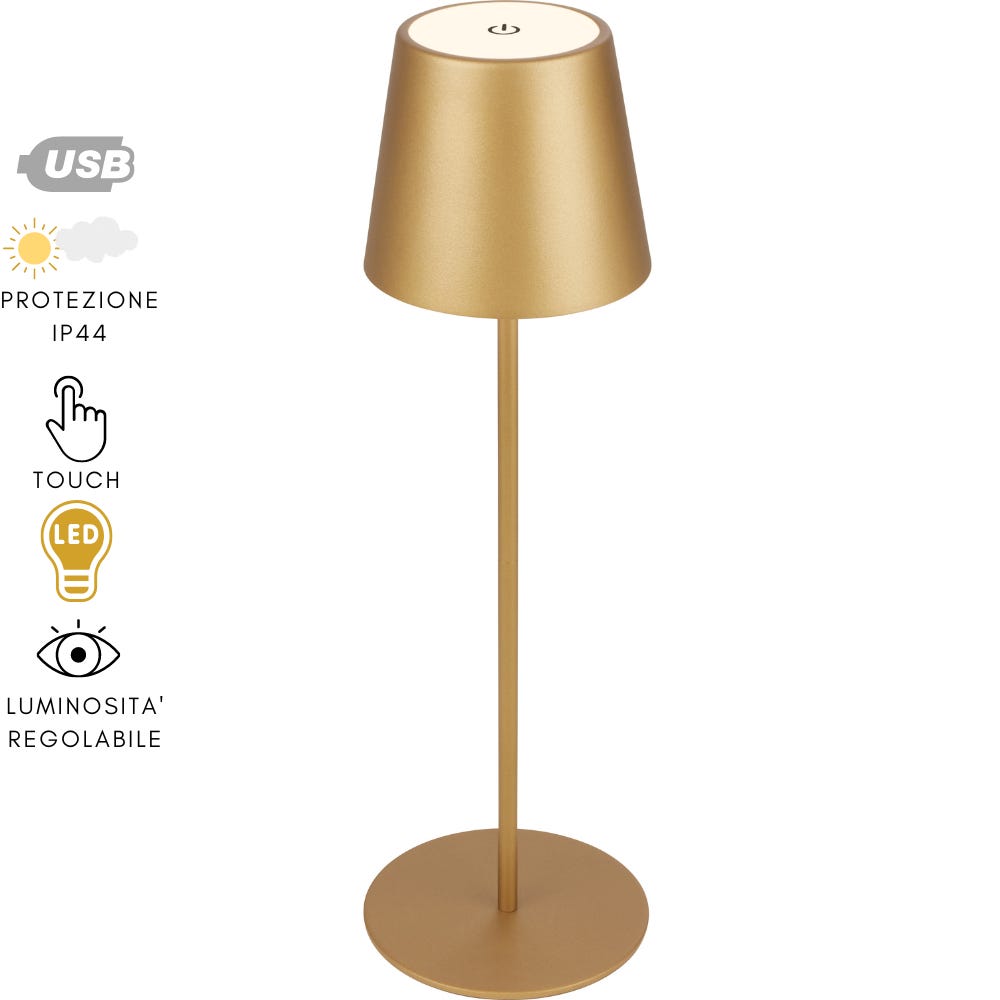 Lampada da Tavolo Ricaricabile LED Design Touch Luce a Batteria da Comodino  cm 12x38 -Oro