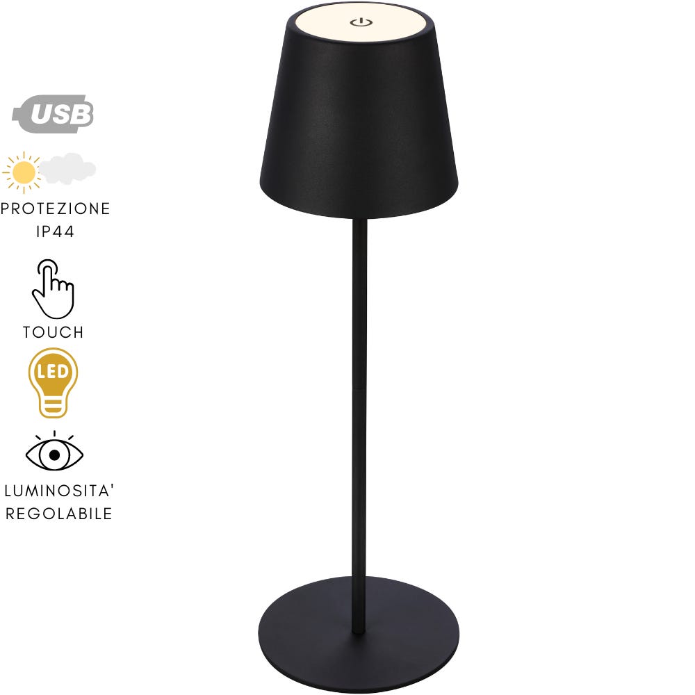 Lampada da Tavolo Ricaricabile LED Design Touch Luce a Batteria da Comodino  cm 12x38 -Nero