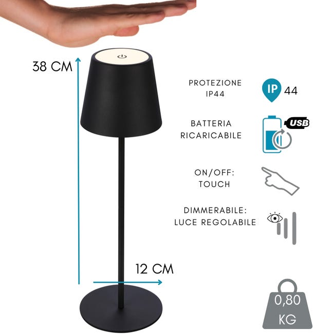 Lampada da Tavolo Ricaricabile LED Design Touch Luce a Batteria da Comodino  cm 12x38 -Nero