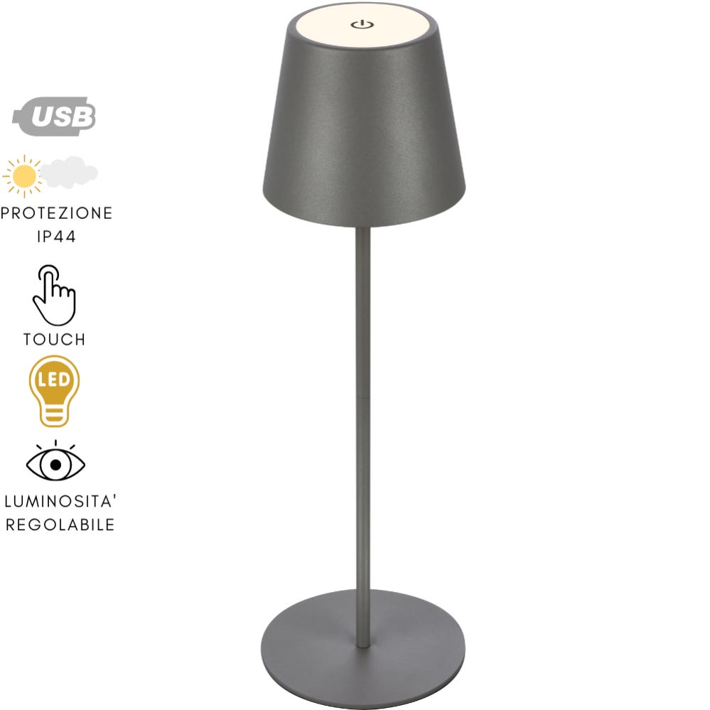 Lampe de Table Rechargeable LED Design Touch Light Batterie Chevet cm 12x38  - Gris