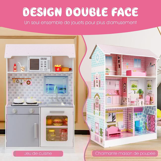Maison de Poup e en Bois et Cuisine 2 en 1 Double Face Rose
