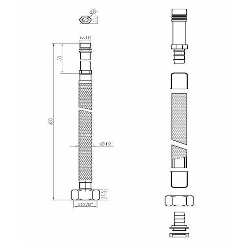 2 Pièces Raccordement de Flexible Robinet G3/8 x M10-60 cm