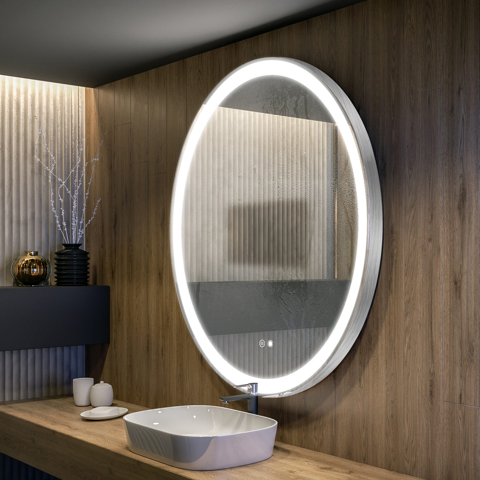 Miroir LED Rond 32W 58cm + Interrupteur Tactile BLANC pour Salle
