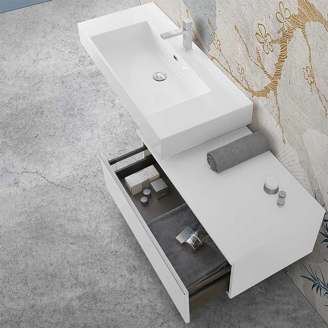 Mobile bagno Astro da 80 cm sospeso lavabo in ceramica e specchio con  optional cassettiera laterale