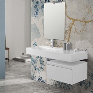 Mobile bagno sospeso 60 cm bianco lucido lavabo 120 destro e specchio Iside