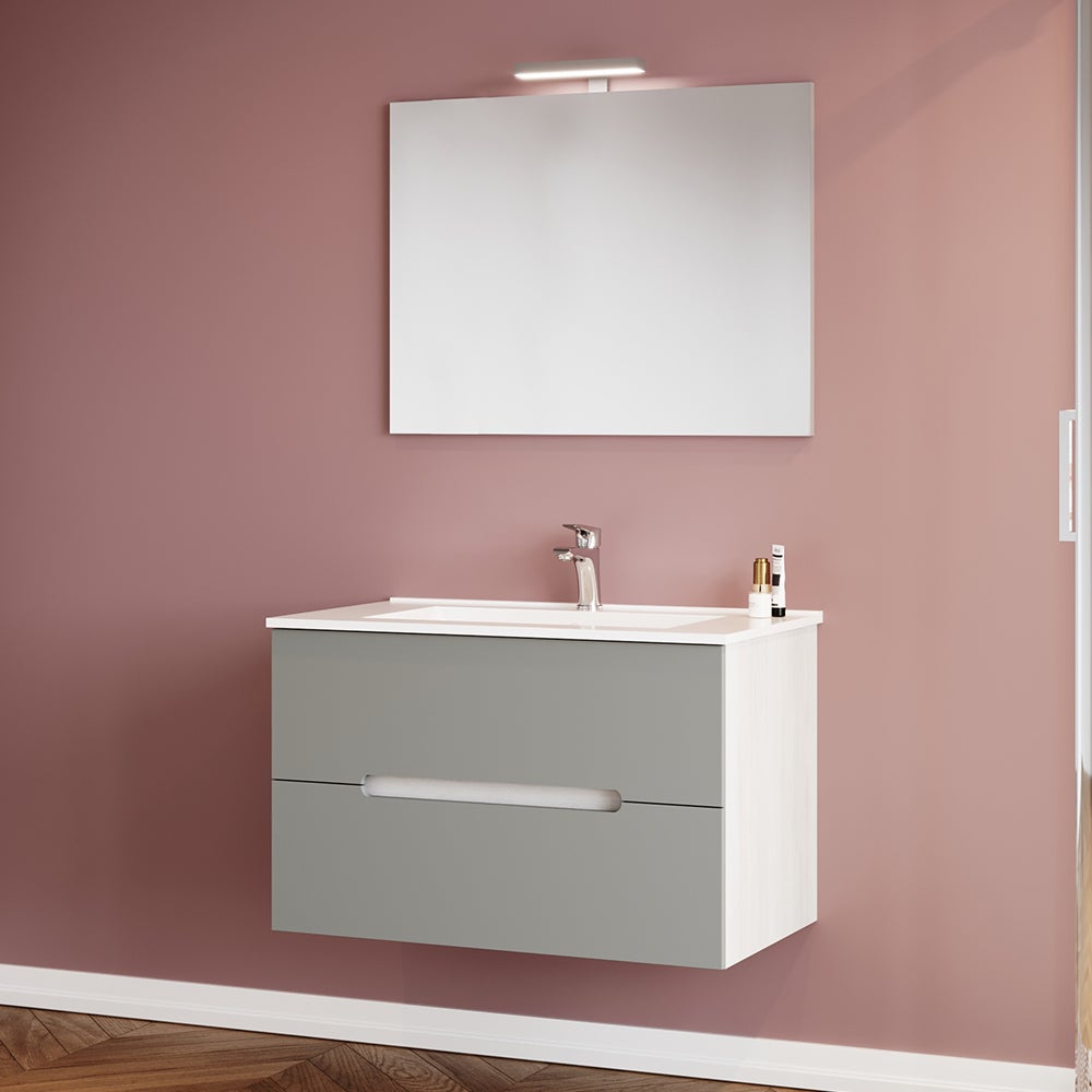 Mobile bagno sospeso 80 rovere bianco e tortora con lavabo e specchio, Iris