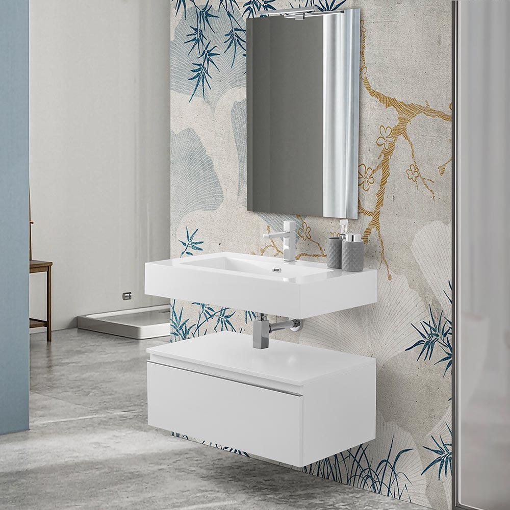 Mobile bagno 80 cm bianco lucido con lavabo sospeso e specchio