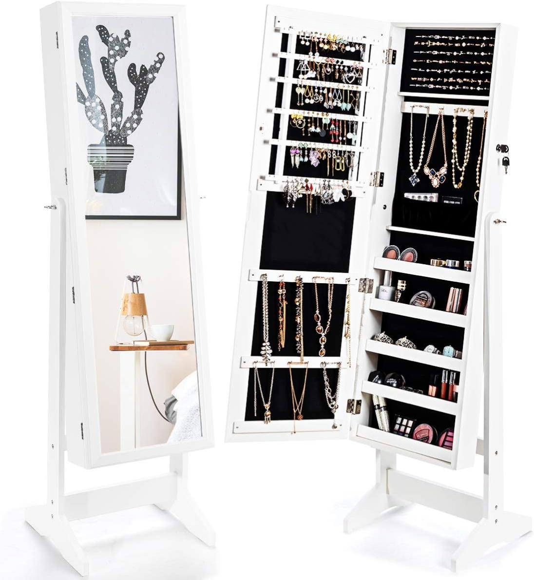 Armoire à Bijoux sur Pied avec Miroir Psyché Inclinable à 4 Angles