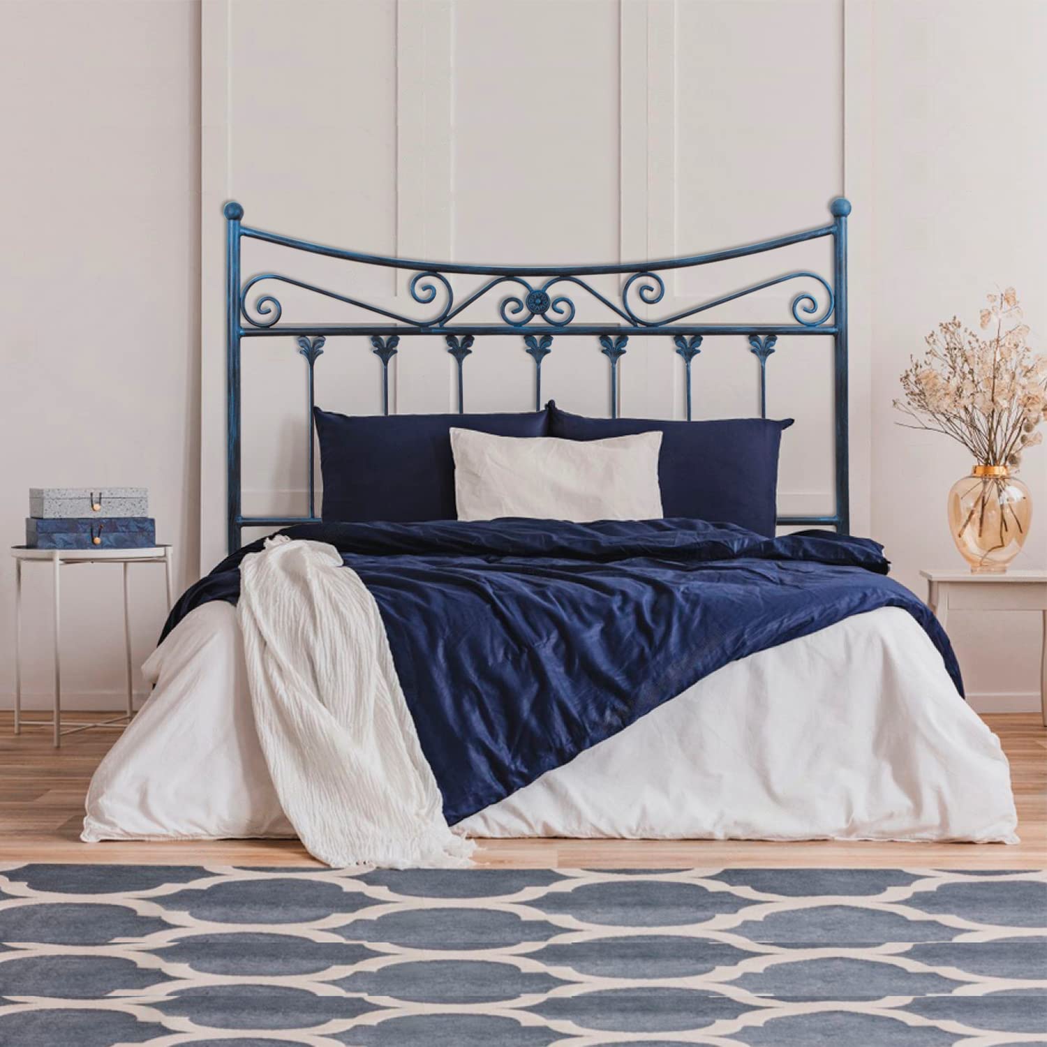Cabecero de forja Córdoba, color Negro Azul Cabezal para cama de 150 cm,  Cama Matrimonio (155 cm x 125 )