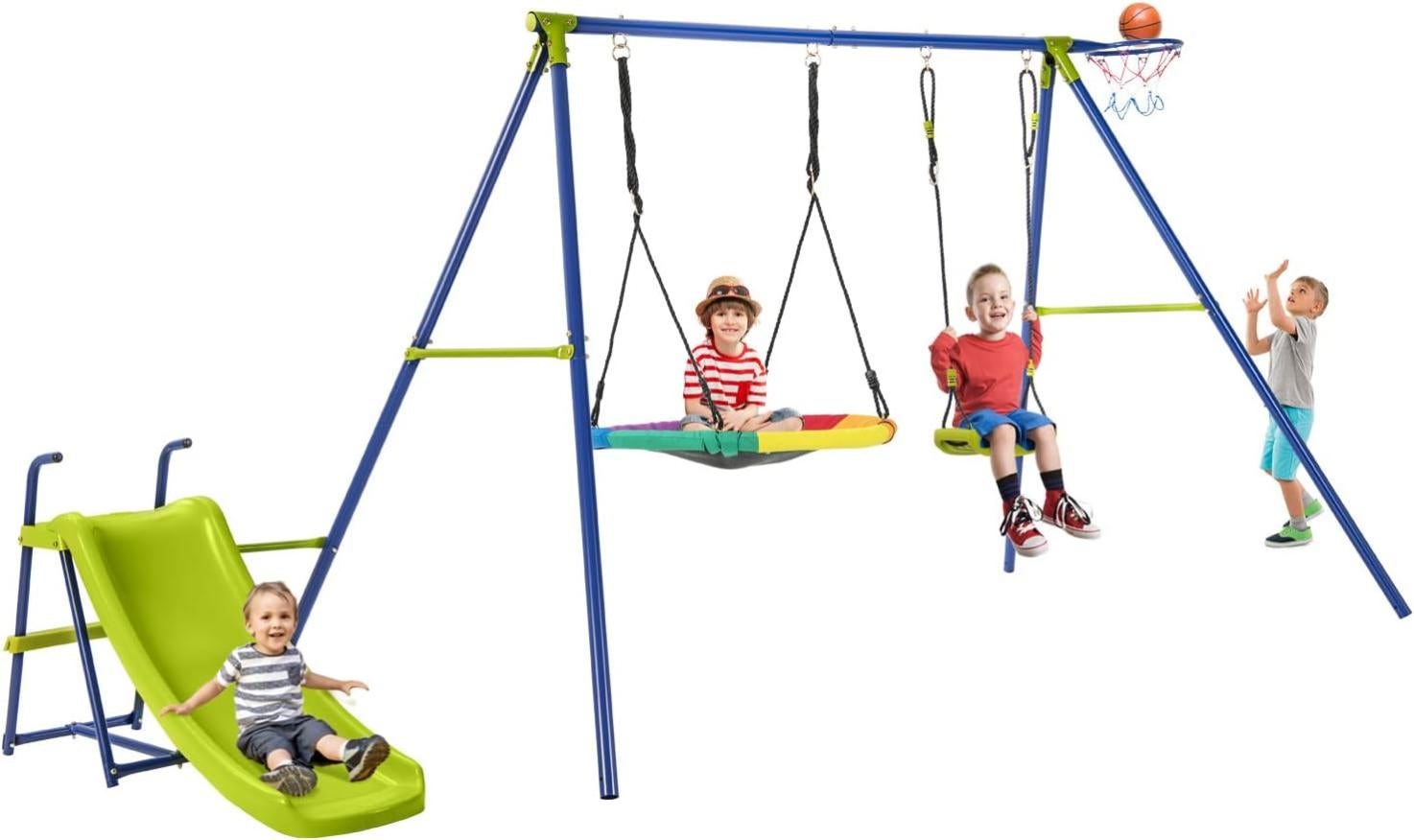 Portique de Balançoire 4 en 1 avec Toboggan & Panier de Basket,Charge