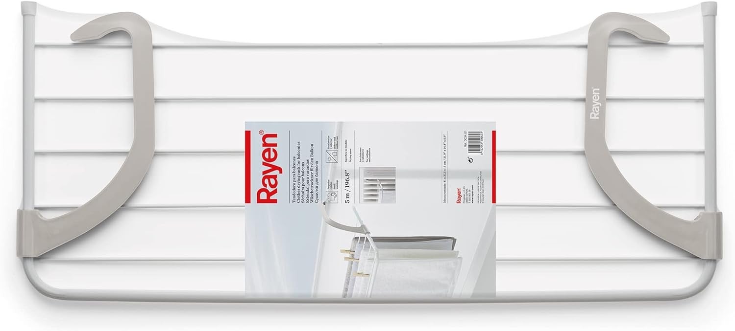 Rayen, Tendedero para Balcones, 5 m de Superficie de tendido, Interior y  Exterior, Blanco Y Gris, 81 x 37.5 x 15 cm