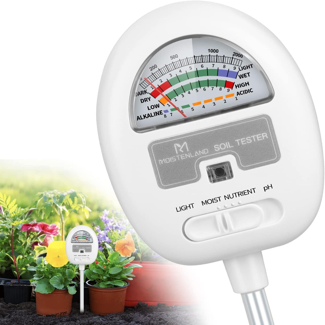 Humidimètre du sol, testeur de pH du sol 4 en 1, humidité du sol /lumière/nutriments/pH-mètre pour jardinage, pelouse, agriculture