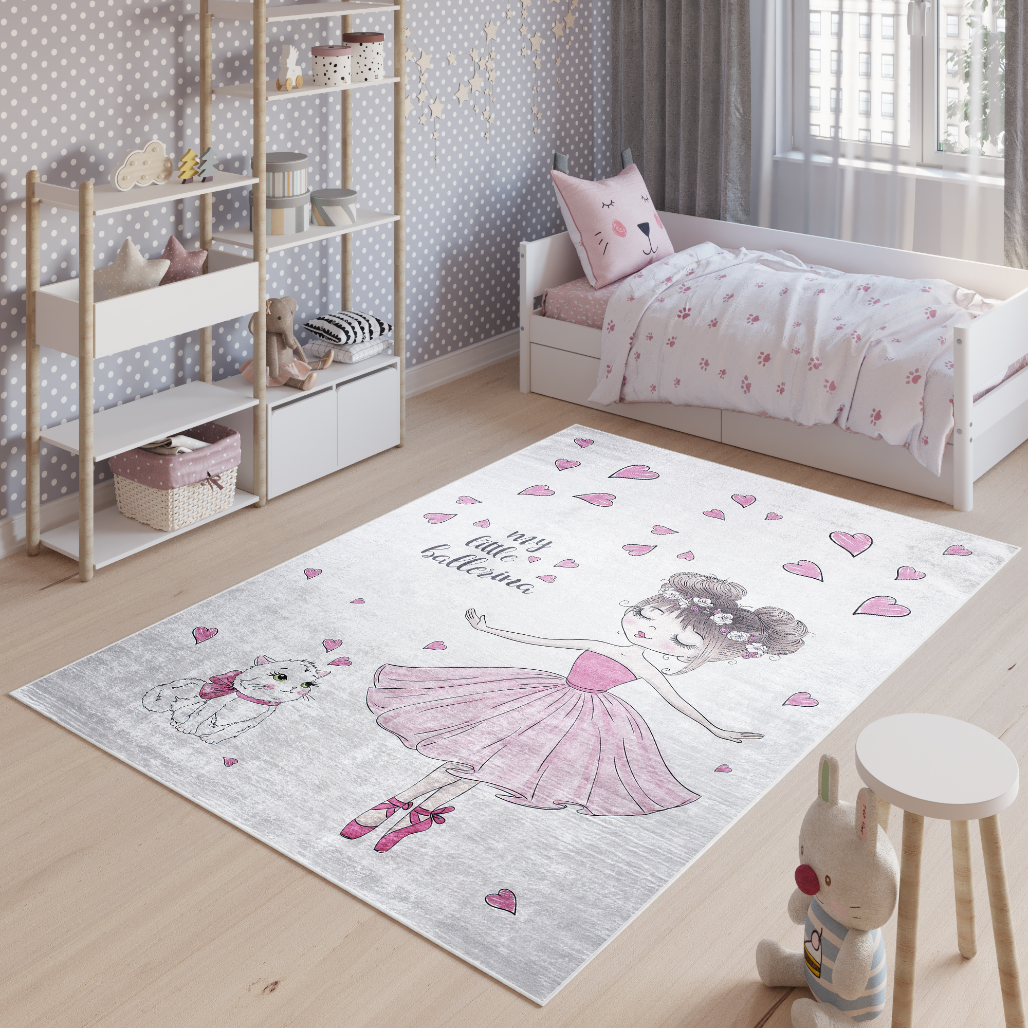 Tapiso emma alfombra antideslizante cuarto de niños gris rosa ballerine gatito corazones fina lavable 80 x 150 cm