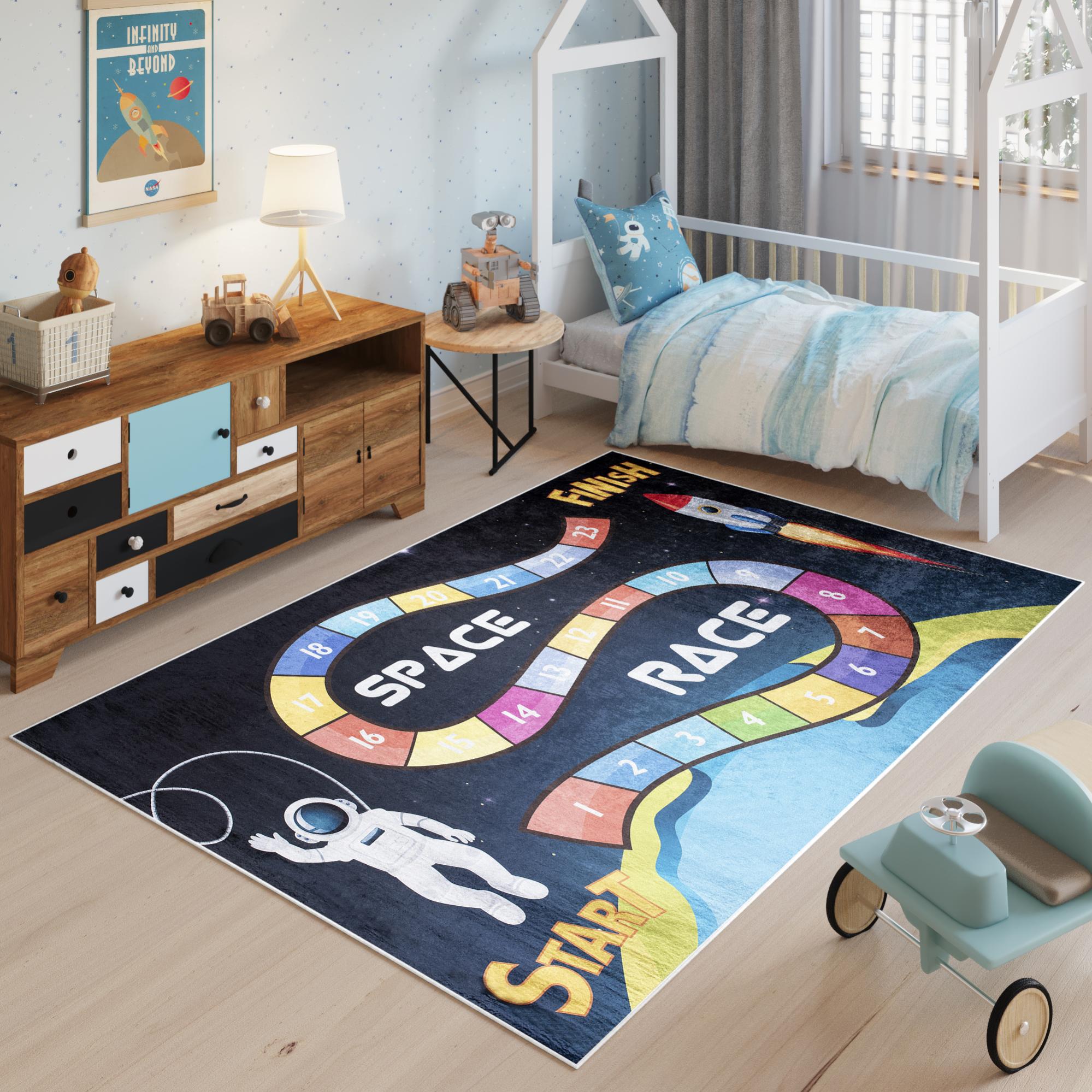 Tapiso emma alfombra antideslizante cuarto de niños negro amarillo multicolore astronauta cohete fina lavable 120 x 170 cm