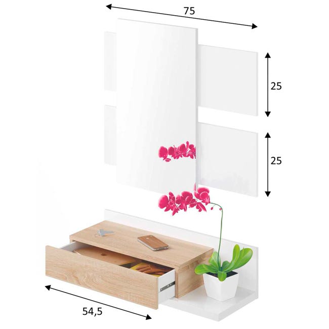 Recibidor Telma 1 cajón y Espejo Color Blanco/Roble, Mueble de Entrada, 75  cm x 29 cm x 116 cm