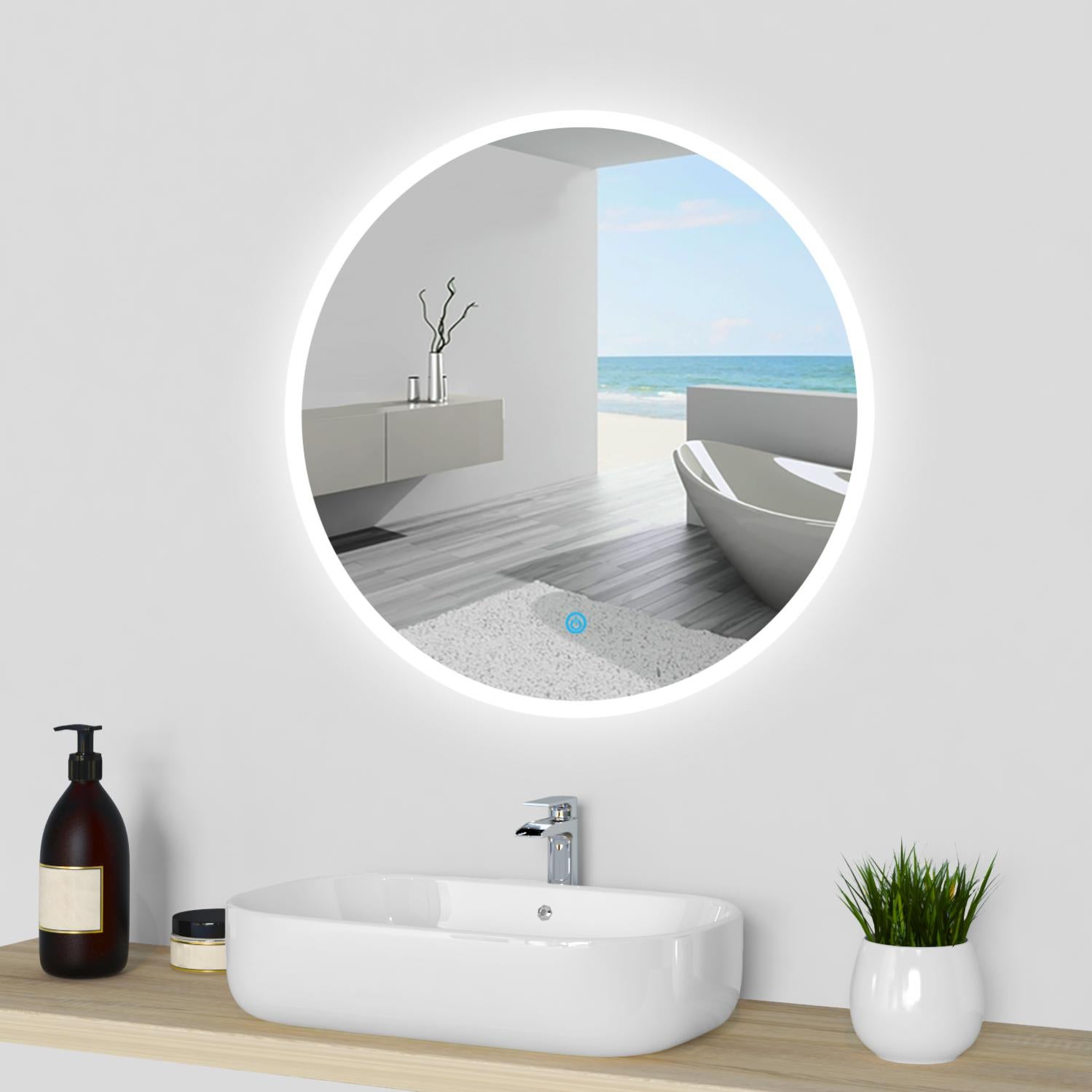 Specchio per Trucco Senza Cornice da Parete antiappannamento da Bagno Rotondo Illuminato a LED con Interruttore tattile/Luce Regolabile (Bianco/Caldo/Luce Diurna