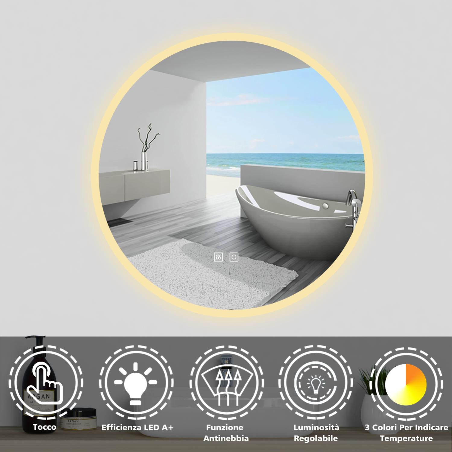 Specchio LED Con Sensore Di Movimento | Rotondo, Cornice Nera | Luce Dimmerabile 3 Colori | Antiappannamento IP44 | Per Bagno O Toeletta - 2