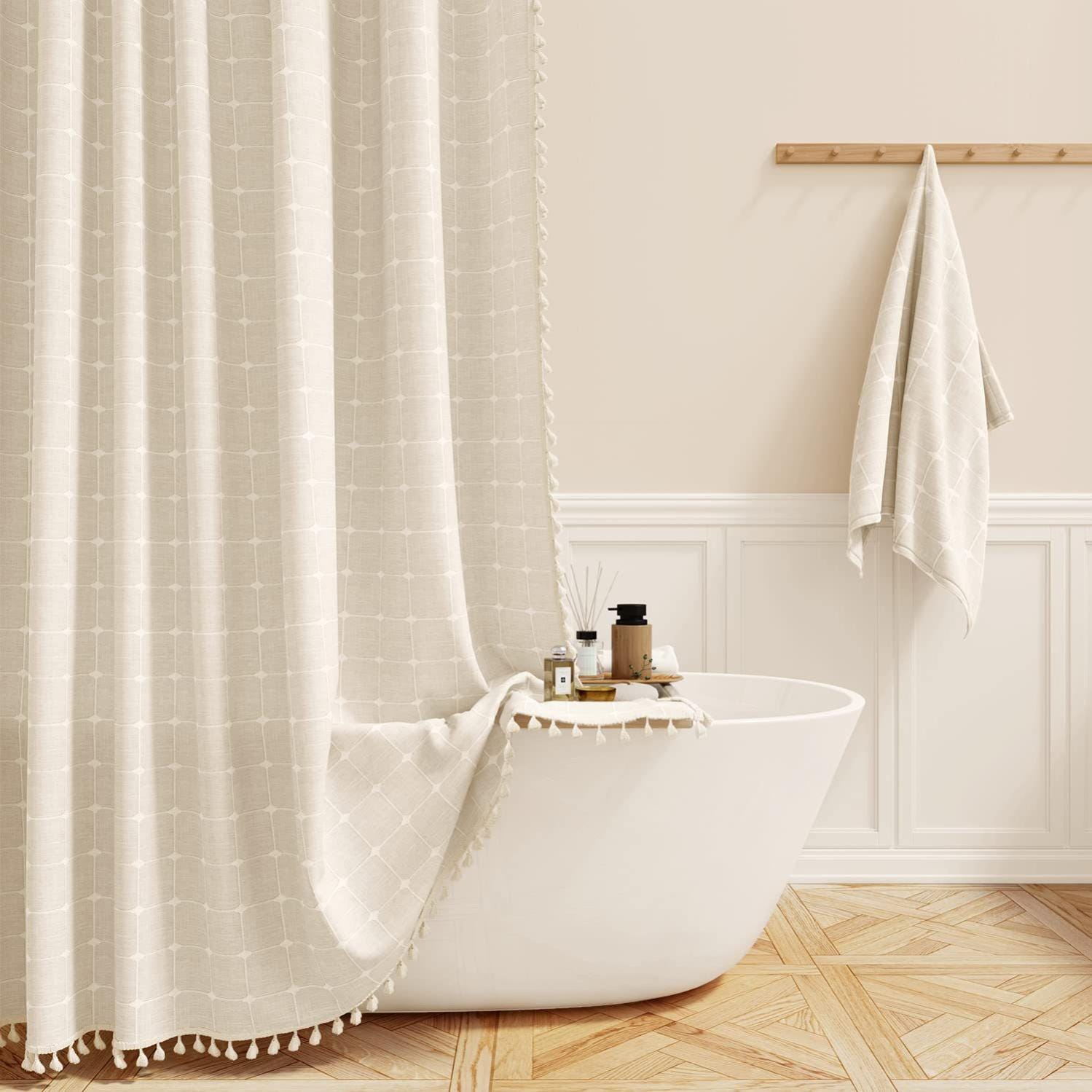 Rideau de douche bohème pour salle de bain, beau rideau de douche de salle  de bain chic moderne en lin, 72 x 72 pouces, beige