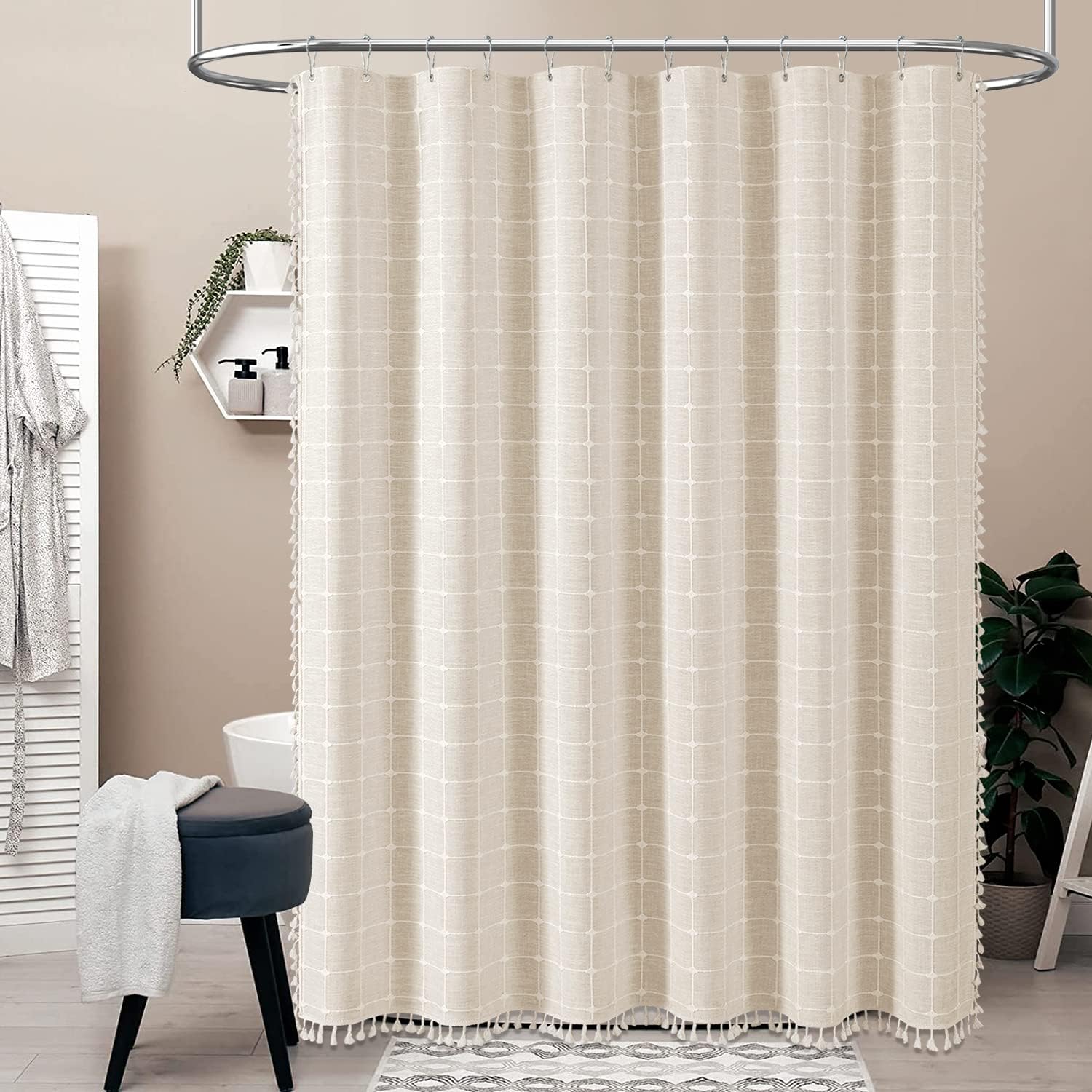 Rideau de douche 60 x 72 pouces, ensemble de rideaux de douche en tissu  lourd en lin bohème, rideaux de douche décoratifs pour salle de bain, beige