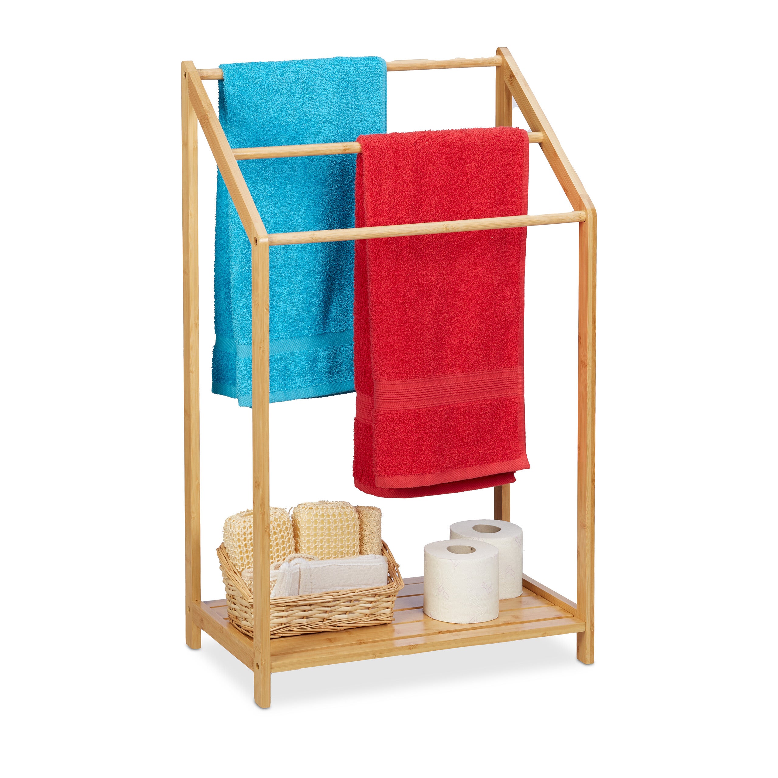 Relaxdays Porte-serviettes en bambou, 3 barres, 2 étagères, HxLxP:  134x53x31,5 cm, pliable, sèche-serviettes