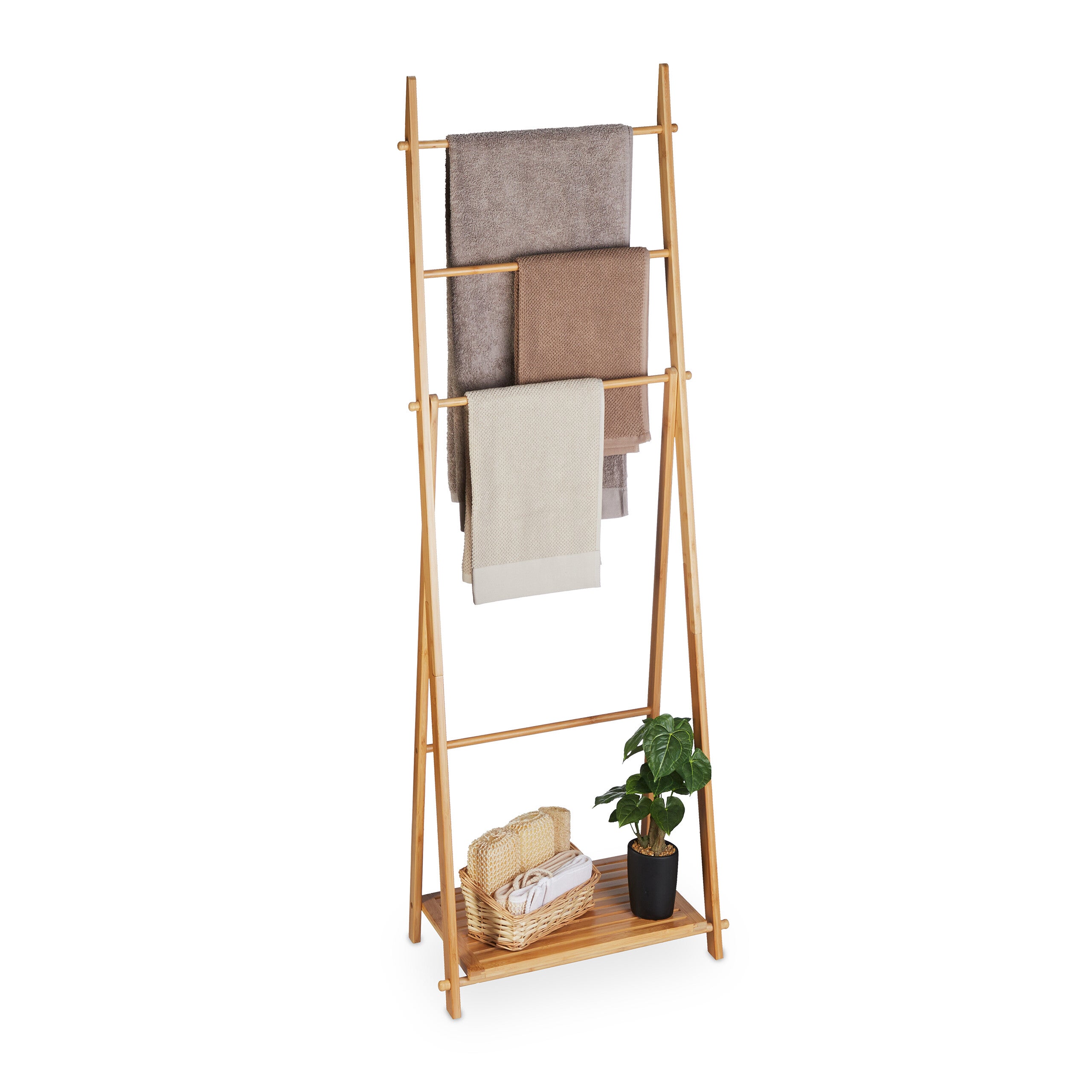 Relaxdays Porte-serviettes bambou, 3 barres, 1 étagère, HxLxP: 110x53x31,5  cm, pliable, échelle sèche-serviettes, nature