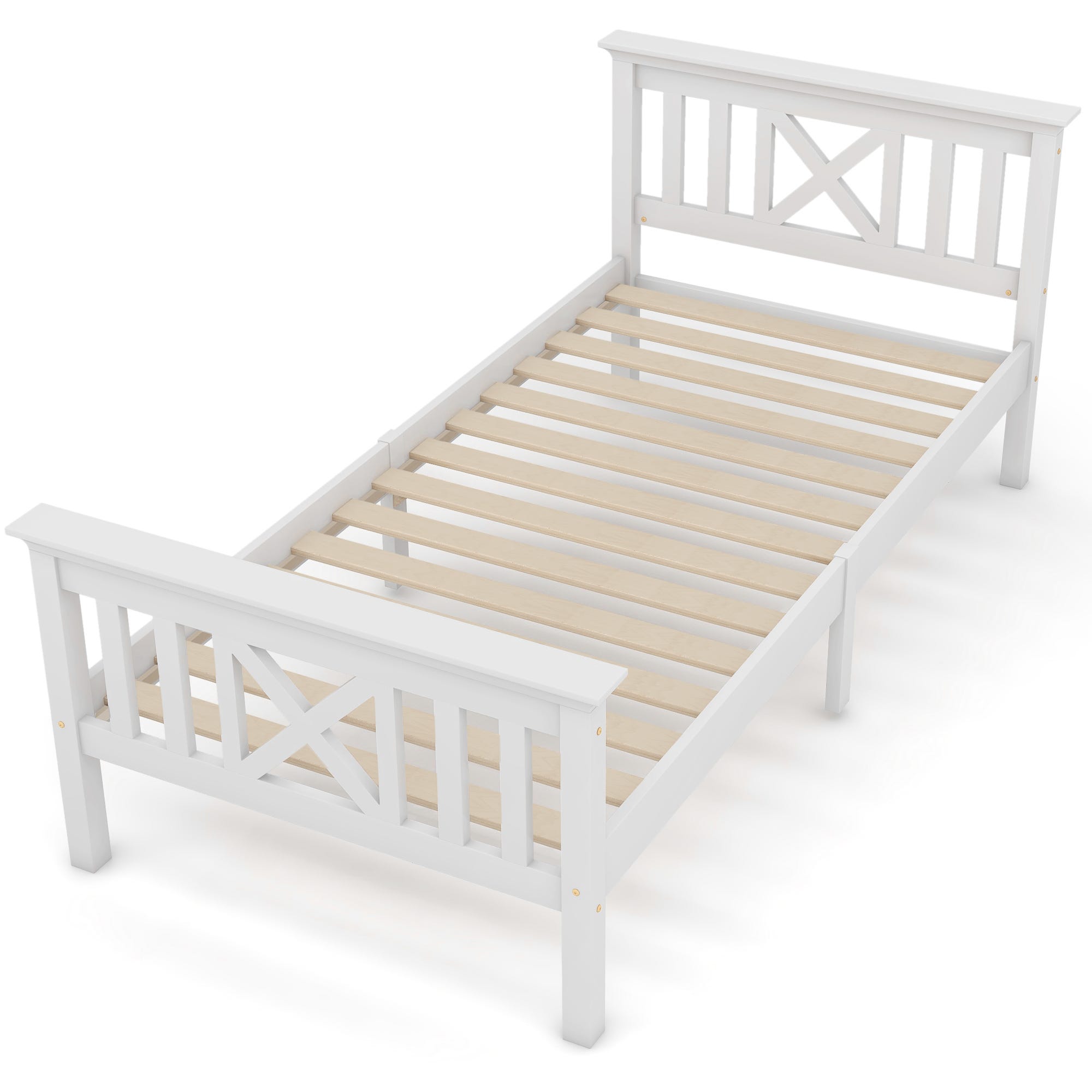 Cama individual de madera maciza con somier y cabecero - 90 x 200 cm, cama  para niños y adolescentes en pino macizo, blanco