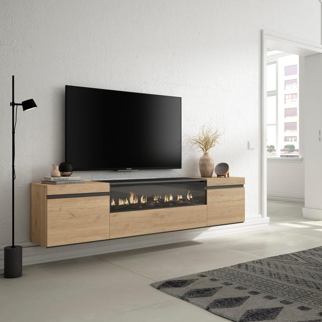 Mueble de TV con chimenea y panelado