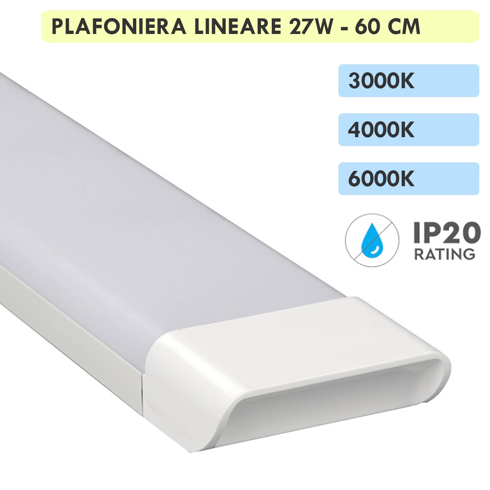 Plafoniera lineare LED 27W lampada soffitto parete 2700lm luce interni  cucina ripostiglio cantina 60cm 230V 4000K