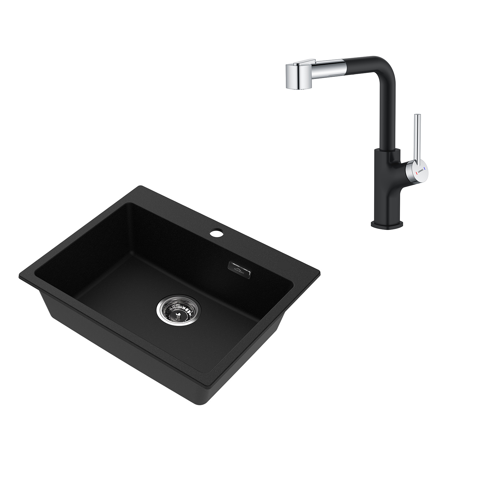 AuraLum 1 Bac Évier Cuisine en Granit 55 45 20cm Kit de Vidage Noir