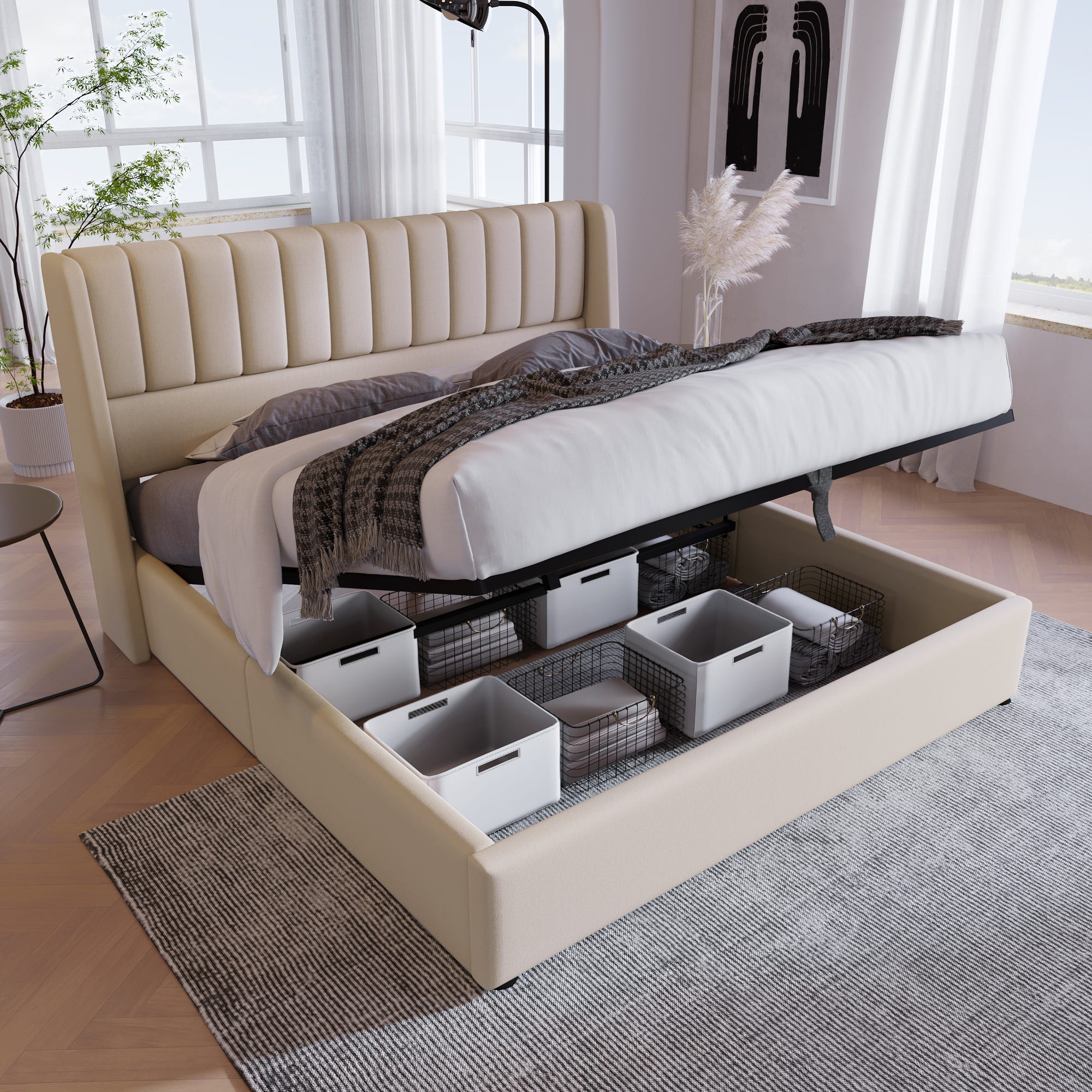 Cama con almacenamiento y somier hidráulico, cama doble 160x200cm, somier  de madera, cama con estructura de somier de metal, lino, beige.
