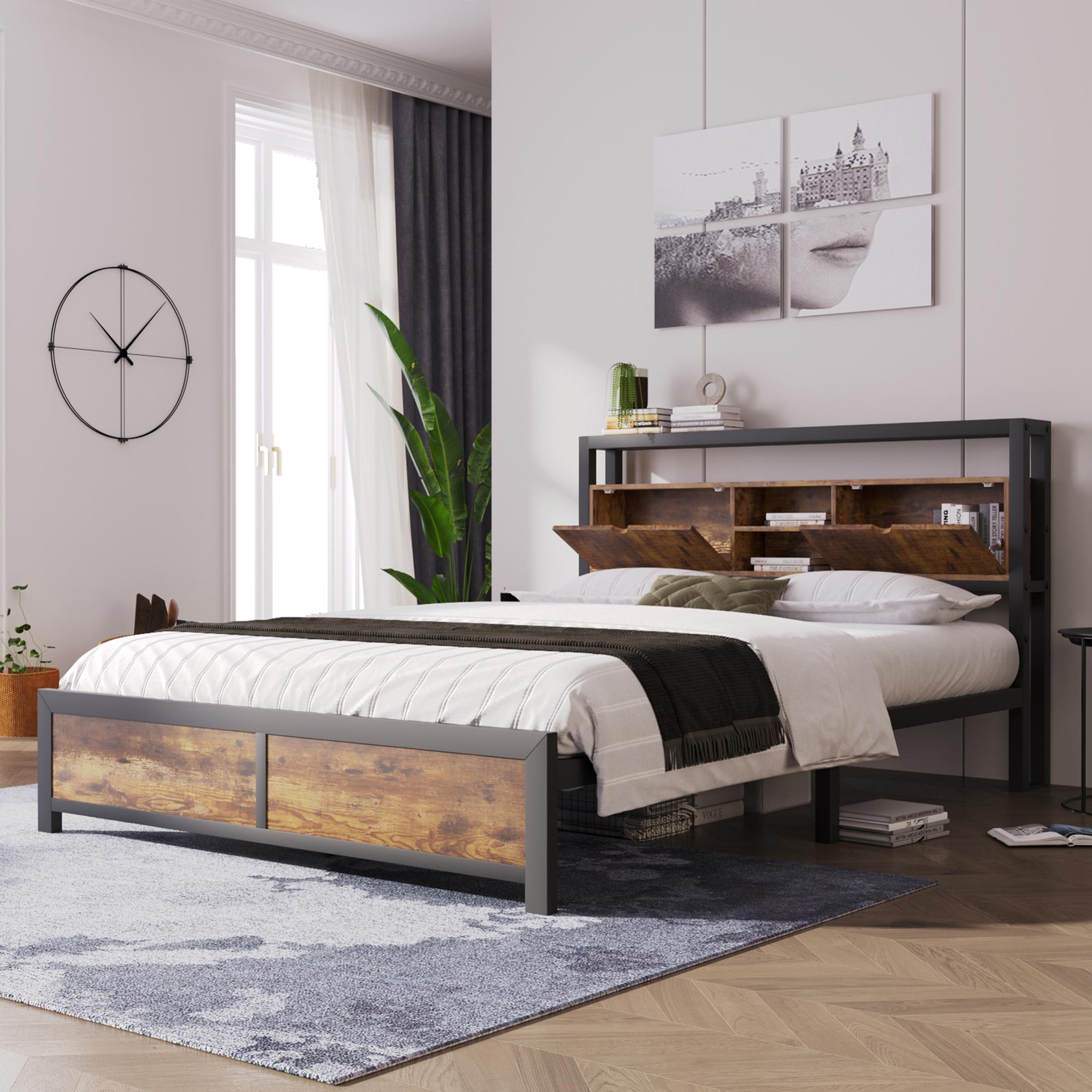 Letto Matrimoniale In Metallo VECELO 140x200 Cm Con Testiera Spessa - Struttura Letto Con Rete A Doghe, Vano Sottoletto 32 Cm, Colore Marrone