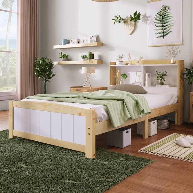 Cama individual con almacenamiento - Estructura de cama con cabecero, 90 x  200 cm, somier de láminas