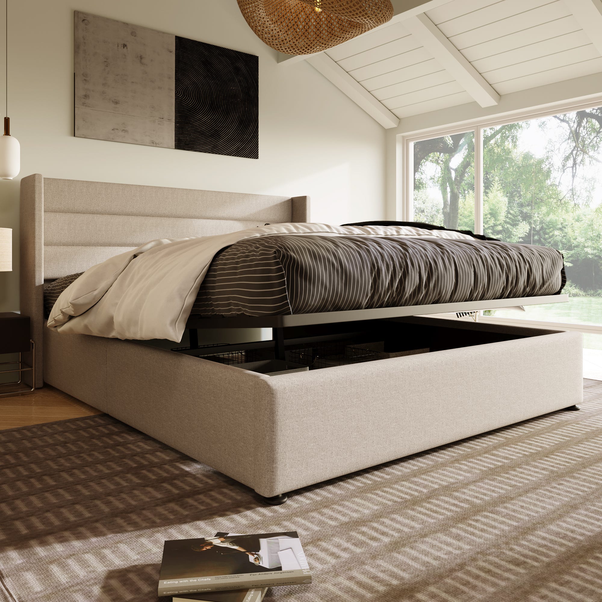 Cama con almacenamiento, cama tapizada hidráulica 180x200 cm