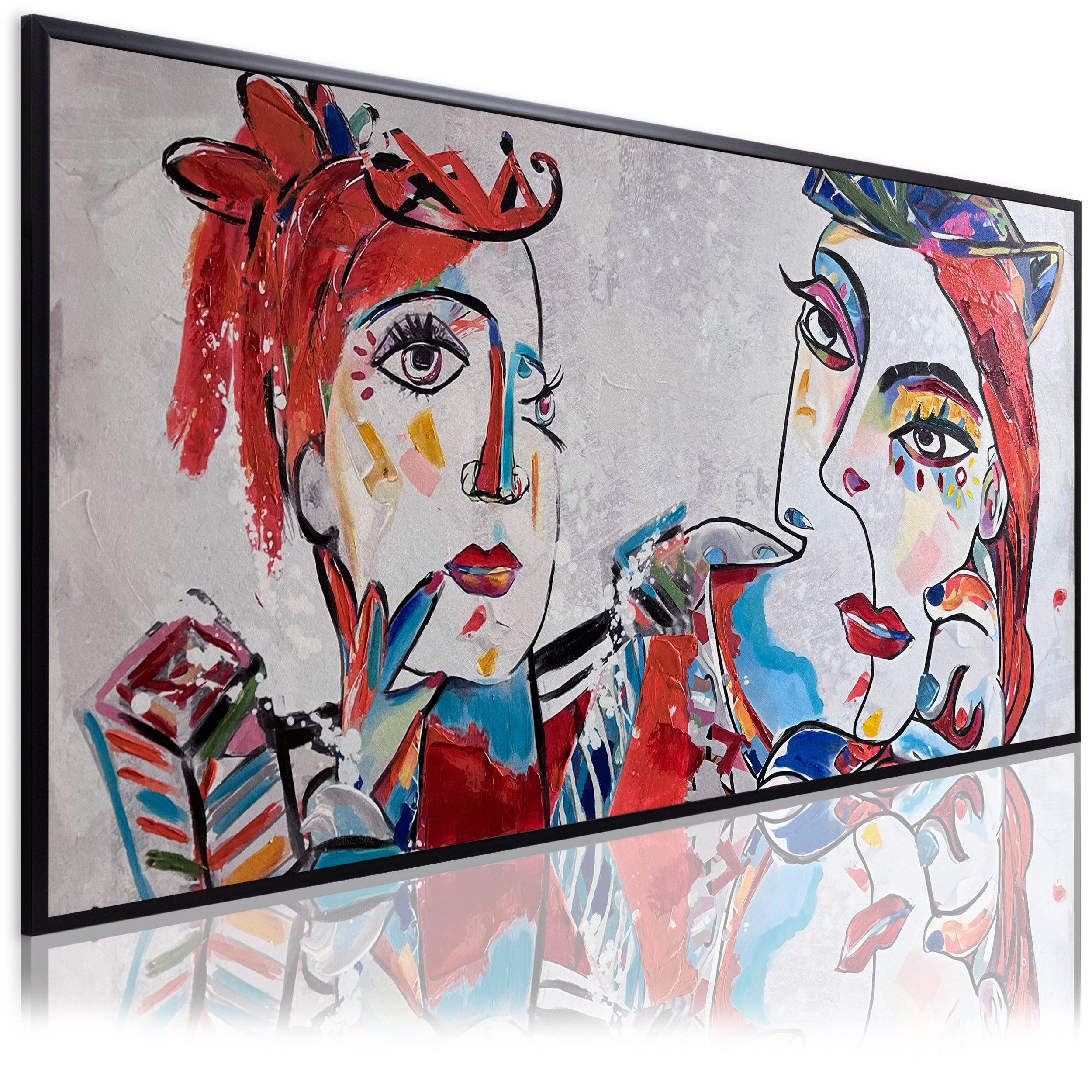 DeKoArte - Tableau abstrait peint à la main 140 x 70 cm, VISAGES ABSTRAITS  ROUGES - Tableau moderne avec cadre noir