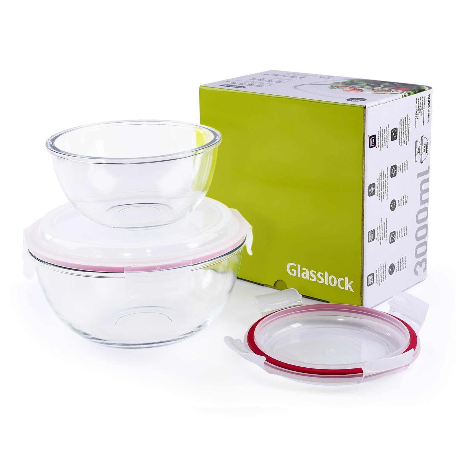 Glasslock Bowl Set de 2 Ensaladeras Redondas con Tapa de 1L y 2L en