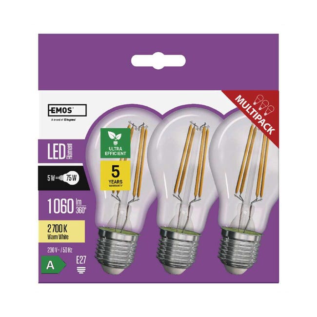 Lot de 3 ampoules LED à filament ULTRA EFFICIENT E27 5W (75W), 1060 lm, 212  lm/W 2700K goutte