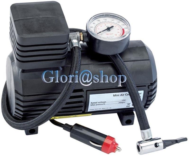 MINI COMPRESSORE 12V MANOMETRO GONFIAGGIO PNEUMATICI AUTO RUOTE MOTO