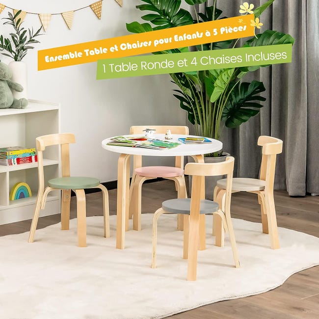 Table d'enfant Ronde avec 4 Chaises pour Enfants 4 Ans +, Style Scandinave,  Coloré