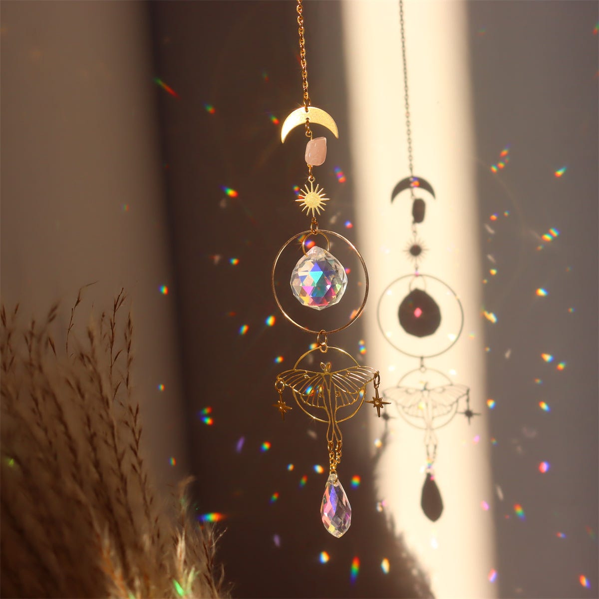 Attrape-soleil suspendu en cristal, boule de prisme, or, lune