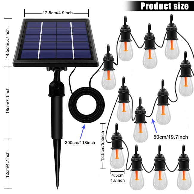 12 ampoules solaires guirlande lumineuse étanche Edison 48 pieds