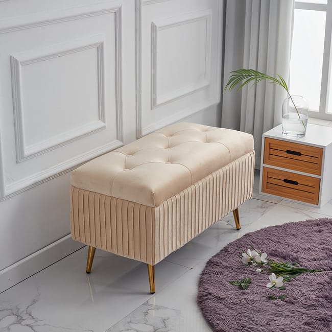 Pouf contenitore 29 cm effetto velluto chocolat con base oro - Elenor Pouf contenitore 29 cm effetto velluto chocolat con base oro - Elenor