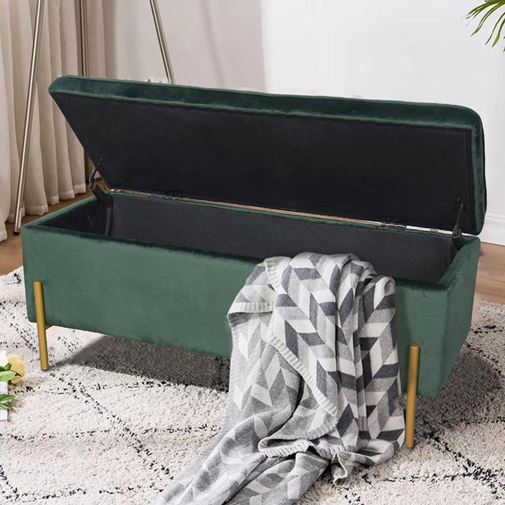 Pouf Contenitore Sgabello Cassapanca Poggiapiedi in Tessuto Velluto Verde  37x40